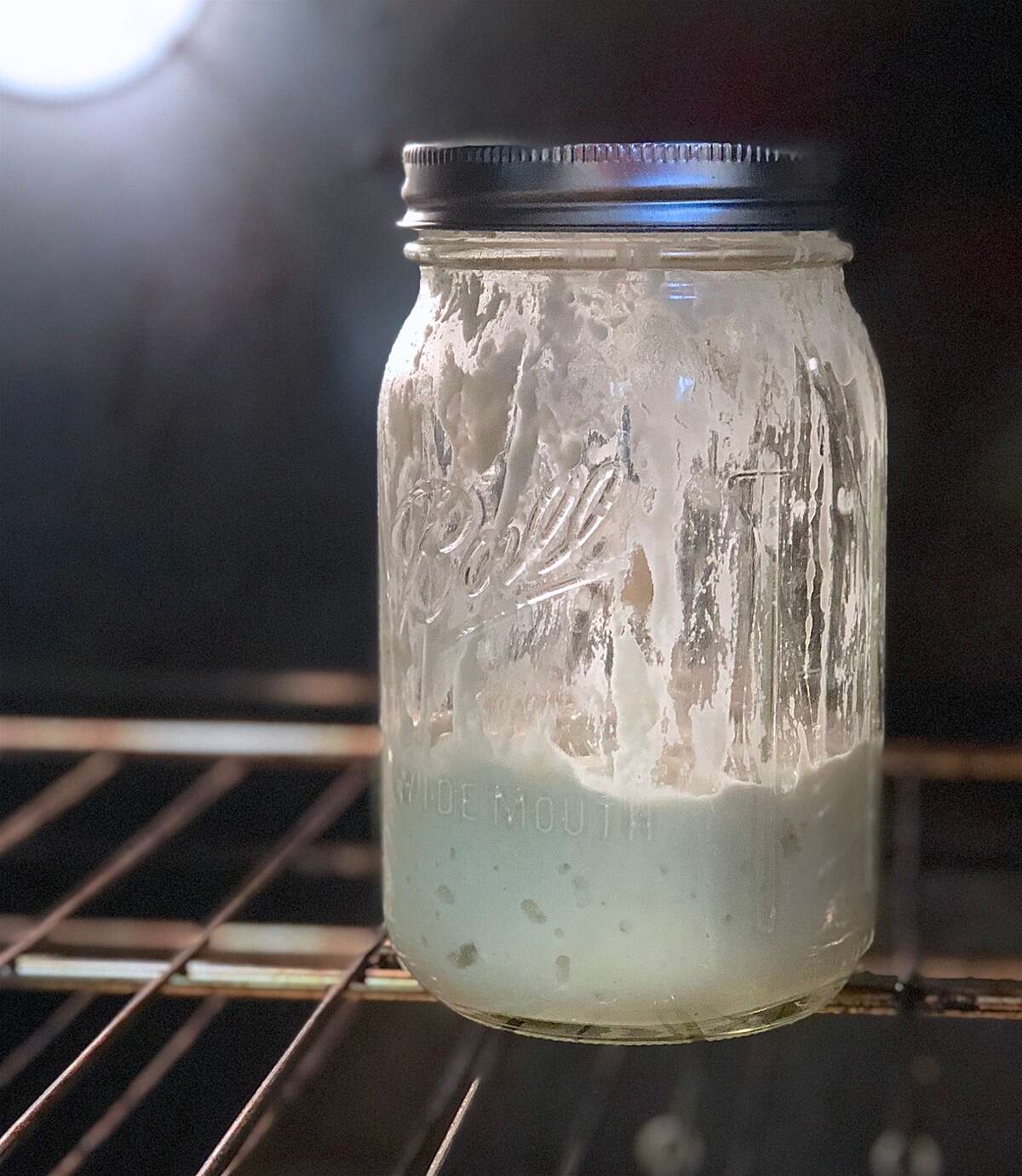 Glass jar of unrisen starter in the turned-off oven, waiting to rise.